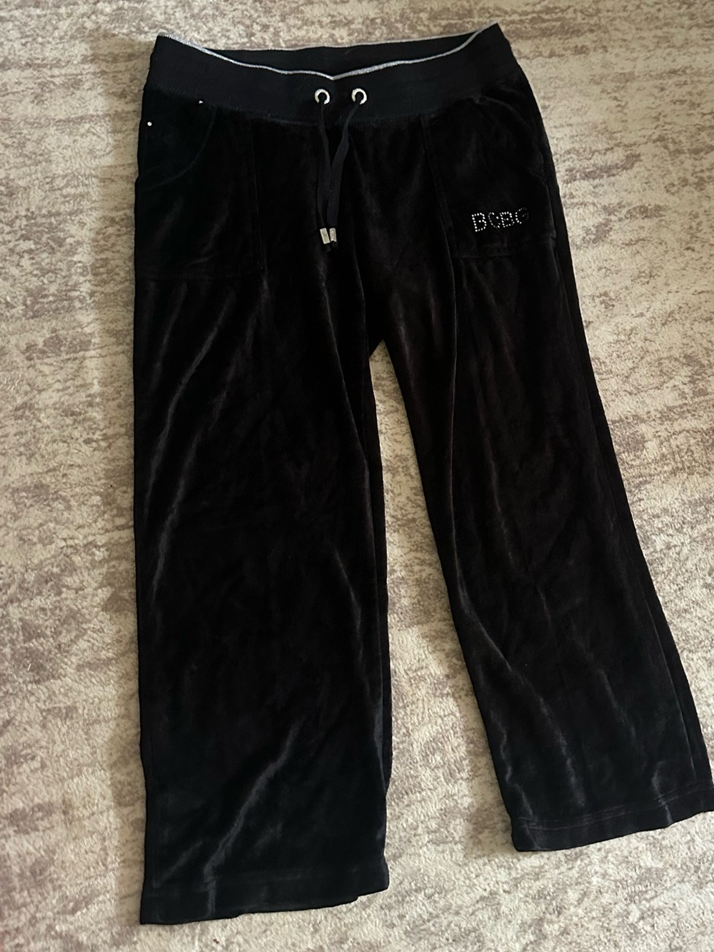 Y2K BCBG Max Azria Black Velour Cargo Pants Rhinestone Logo Size S